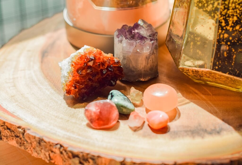 Crystals sitting on wooden stool